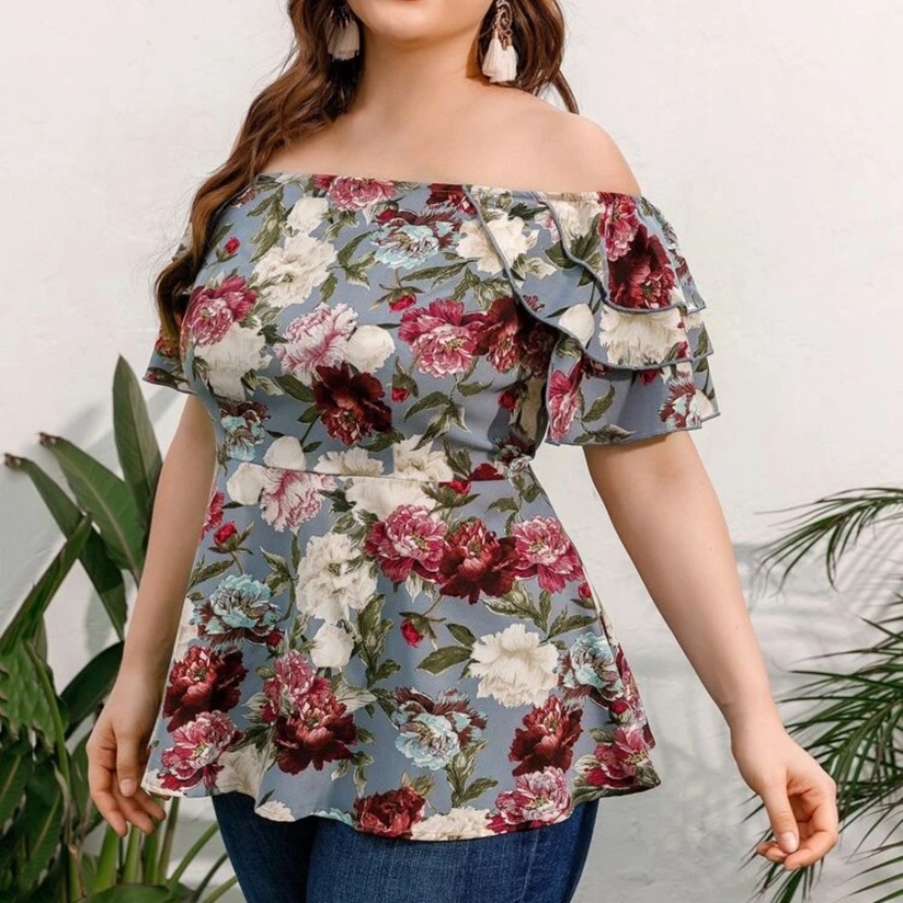 Off the shoulder gray floral top